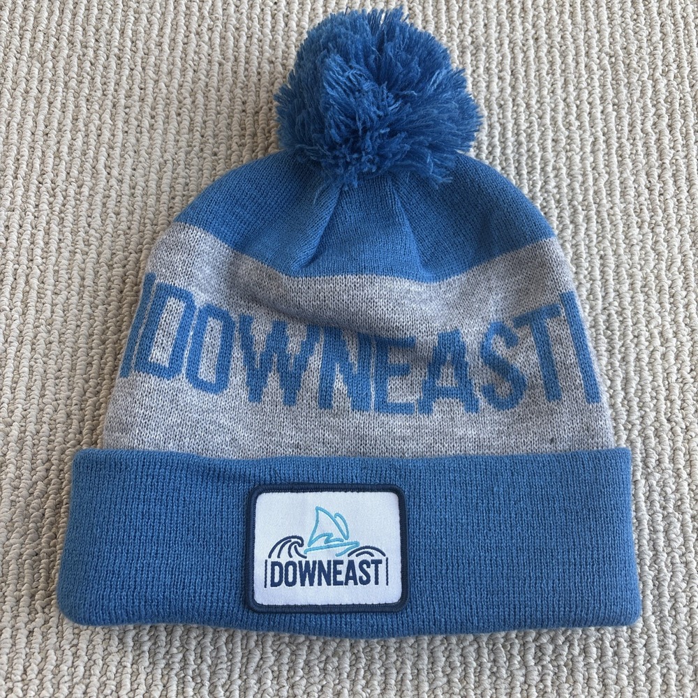 Downeast Cider Beanie Hat Navy Blue White Pom Winer Logo Spell Out Cuffed Knit